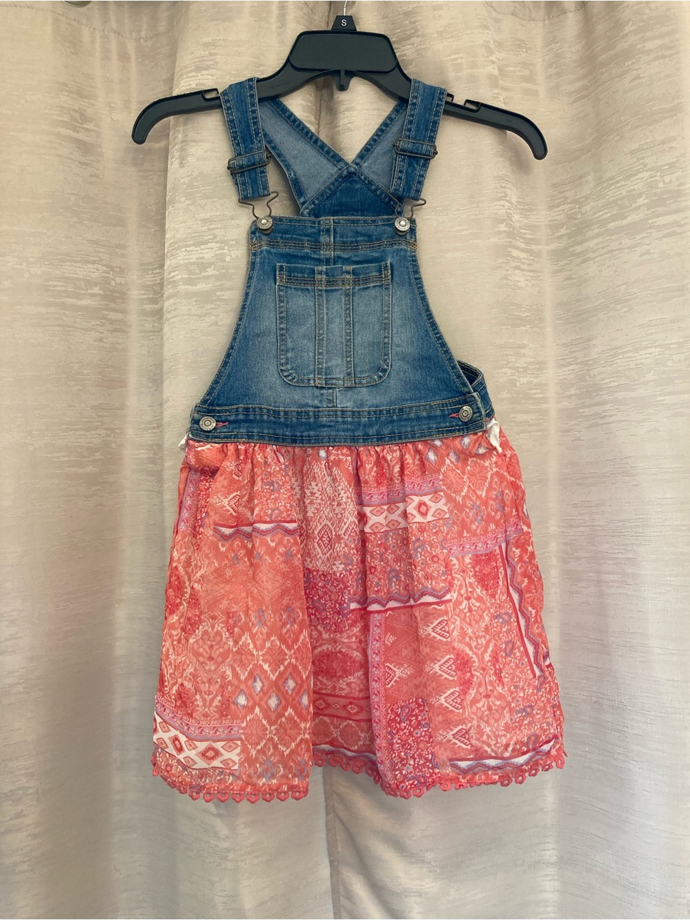 Jordache Denim Bib Overall Dress with Red, White and Blue Print Sheer Skirt 7-8